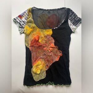 Colorful Floral Abstract Sheer Fitted Mesh Top with Floral Design shirt